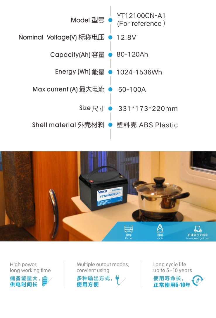 世豹储能电池-yt12100cn,12.8v120ah大容量锂电池,5-10年长寿命,多种输出方式,使用方便